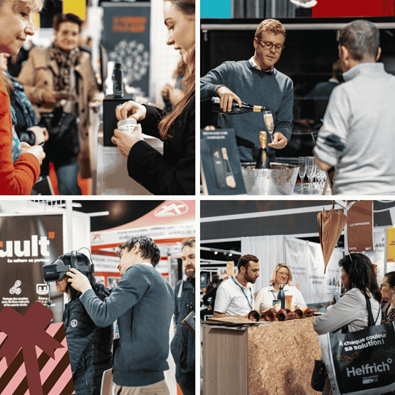 Quatre images de visiteurs et exposants discutant