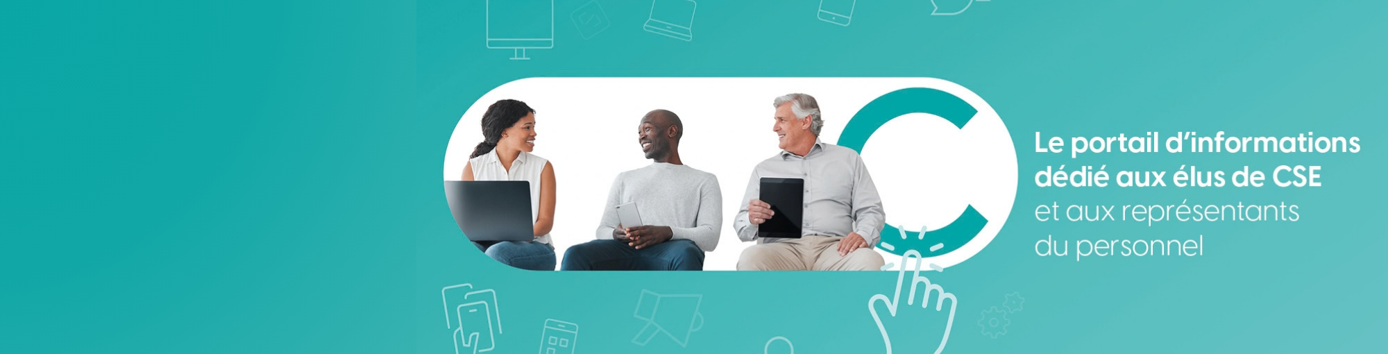 Bannière avec des personnages et des bulles de texte contenant les mots : expertise, nouveauté, partage, actualités, informations pour illustrer le portail Mag'CSE