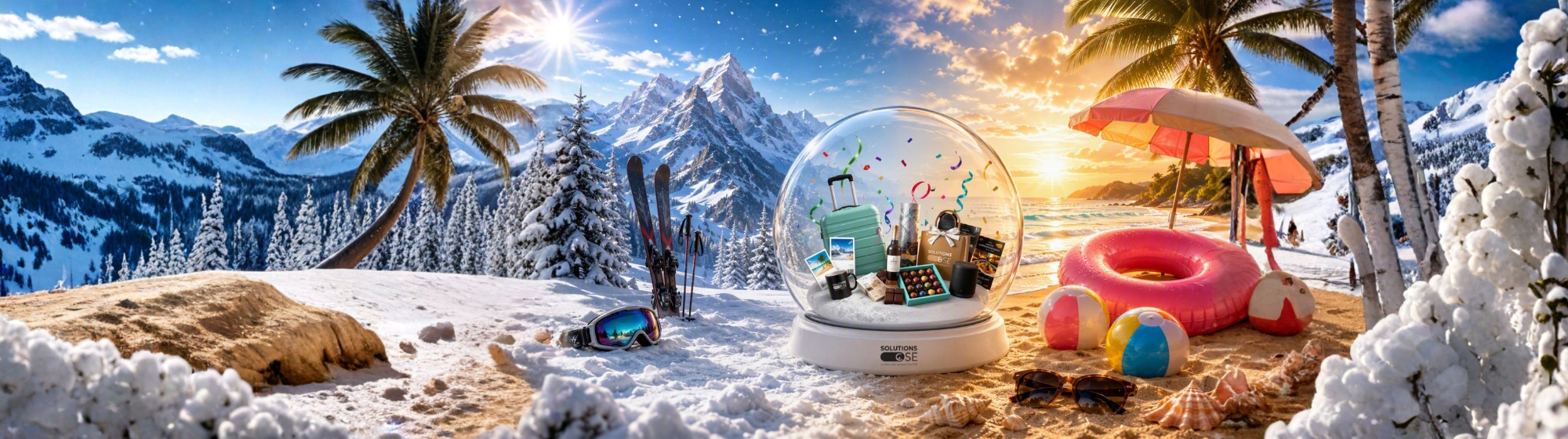 Vitrine immersive montrant un mélange de décor été et hiver avec des montagnes enneigées, la plage et des accessoires de vacances, illustrant les deux saisons.