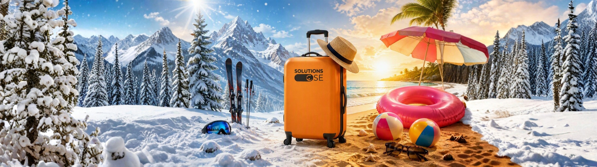 Valise orange et accessoires de vacances sur une plage d’été et un paysage de montagne enneigée, symbolisant les séjours d’été et d’hiver.