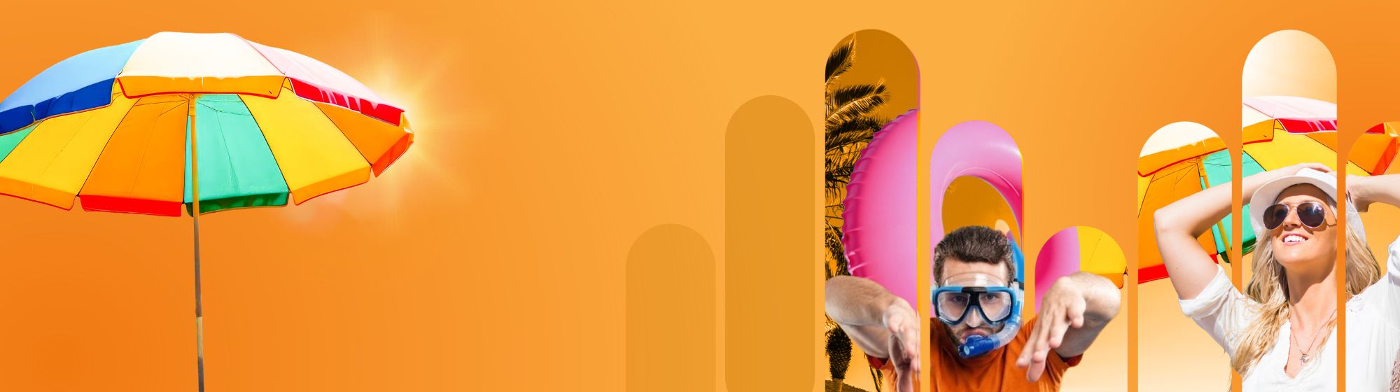 Visuel estival sur fond orange avec un parasol multicolore, un homme équipé d’un masque et d’un tuba dans une bouée rose, et une femme souriante profitant du soleil.