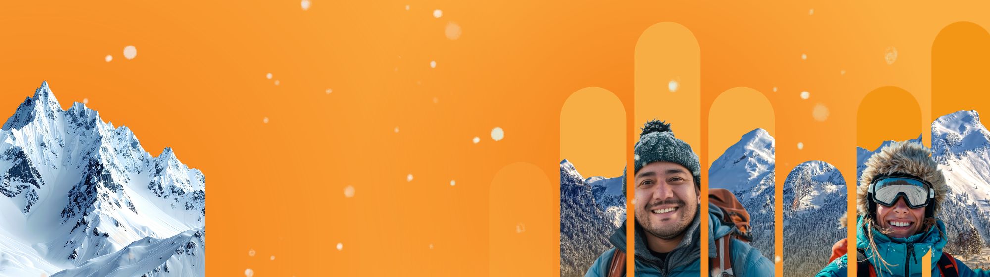 Visuel hivernal avec des montagnes enneigées, un homme en tenue de randonnée et une femme équipée pour les sports d’hiver.
