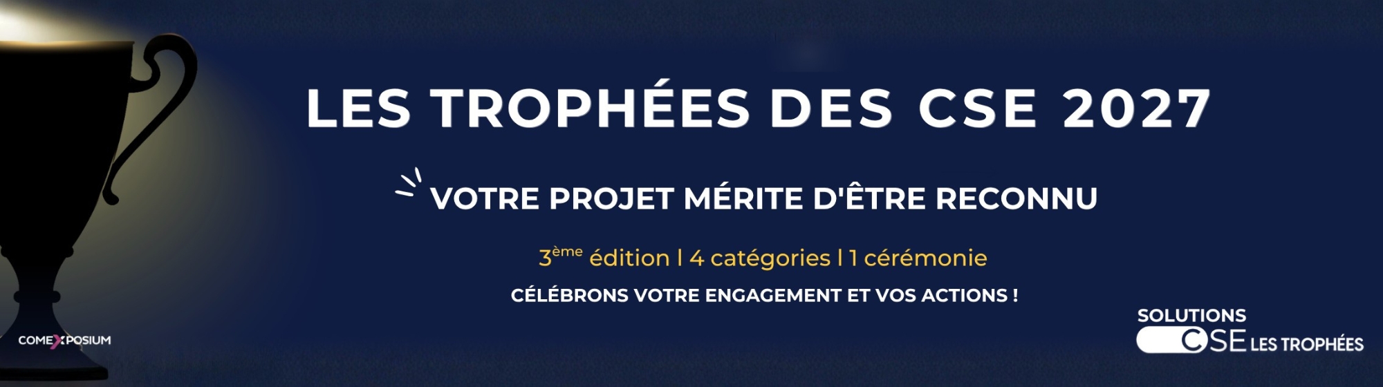 Banniere pour les Trophées des CSE 2027 avec un trophée sur fond bleu