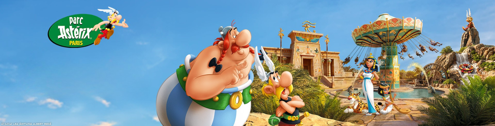 Visuel du Parc Astérix avec Astérix, Obélix et Cléopâtre dans la zone Égypte, entourés d’attractions et de décors inspirés de l’Égypte antique.