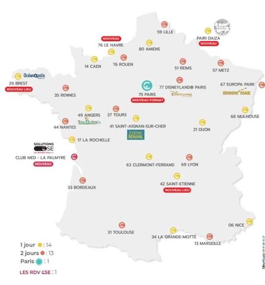 Carte de France détaillant l'emplacement des salons du 1er semestre 2026