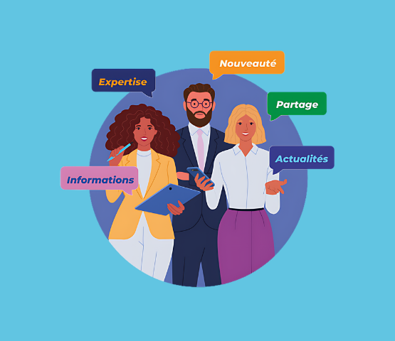 Infographie sur fond bleu avec des trois personnages
