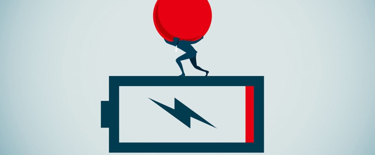 Illustration d'un homme portant le monde sur une batterie presque vide