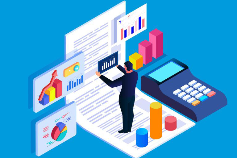 Infographie d'un homme assemblant des données statistiques