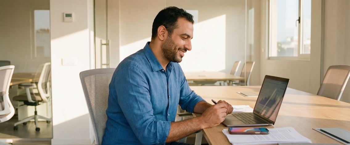 Un homme en chemise bleue souriant devant un ordinateur