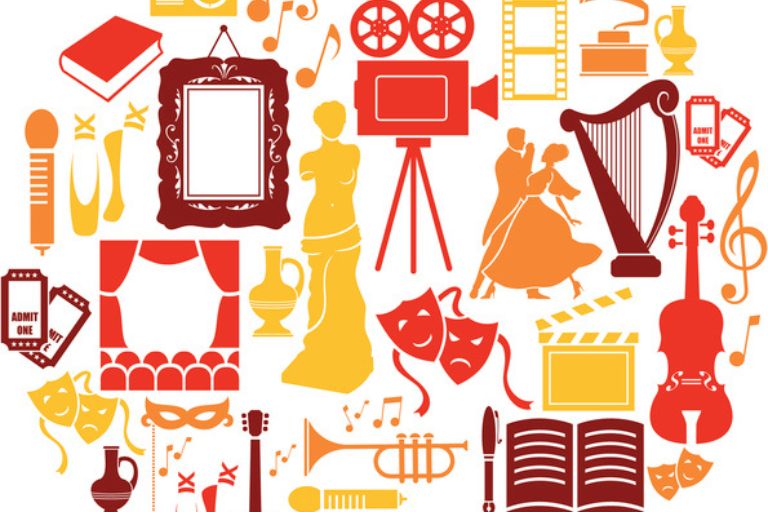 Infographie avec des éléments de décoration jaune, orange et rouge