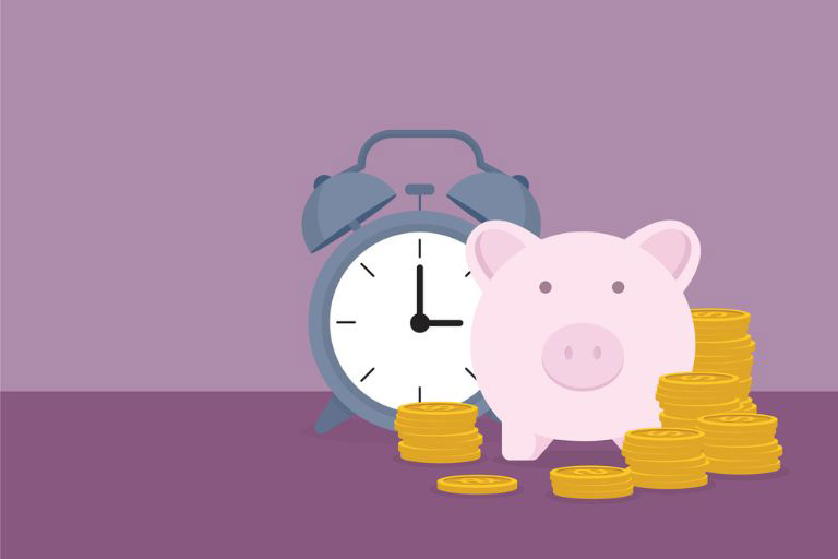 Infographie avec un cochon tirelire, de l'argent un réveil sur fond rose