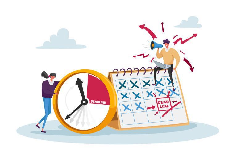 Infographie avec un compteur, un calendrier, des nuages et deux personnes