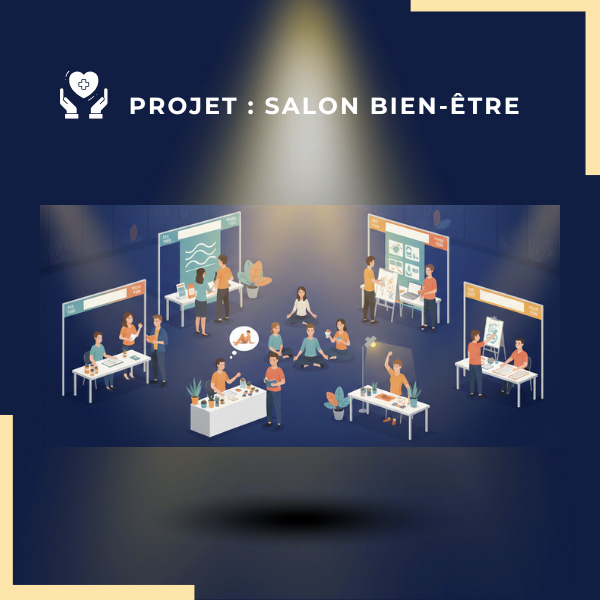 Infographie avec plusieurs stands accueillant des visiteurs