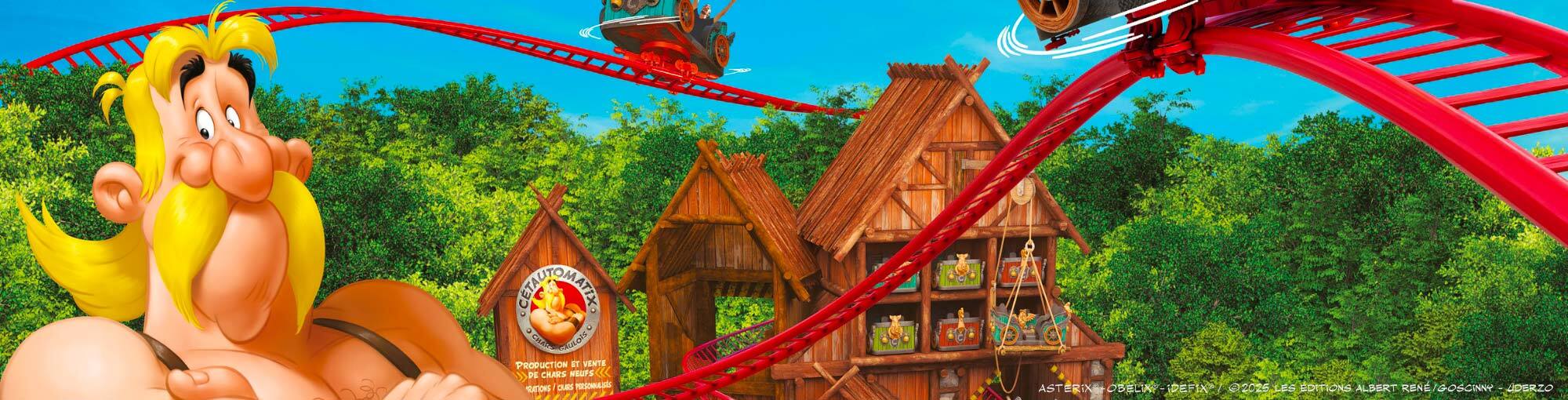 Slider les RDV Montagnes russes rouges traversant un village gaulois en bois avec Obélix au premier plan, dans un décor inspiré d’Astérix