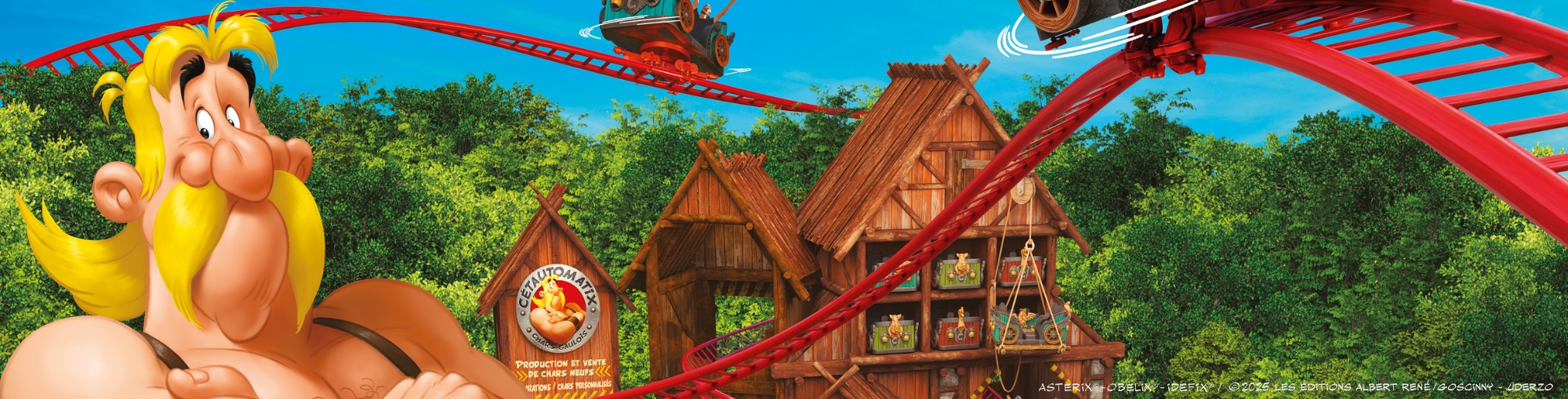 Slider les RDV Montagnes russes rouges traversant un village gaulois en bois avec Obélix au premier plan, dans un décor inspiré d’Astérix