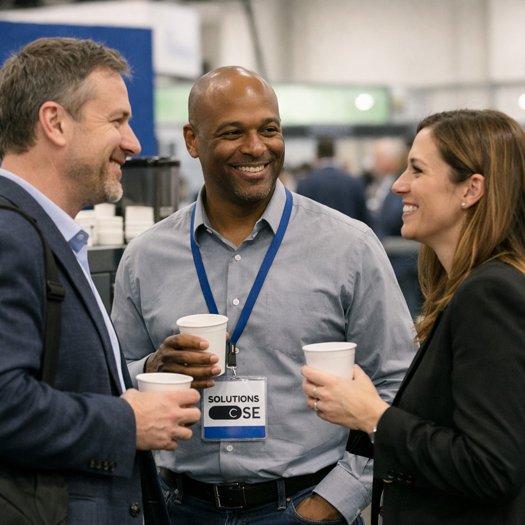 3 personnes discutant en prenant un café