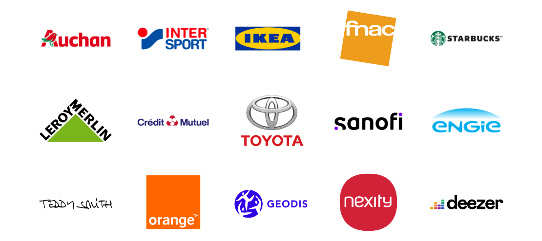 Logo des CSE qui visitent les salons SolutionsCSE : Auchan, Intersport, IKEA, Fnac, Starbucks, Leroy Merlin, Crédit Mutuel, Toyota, Sanofi, Engie, Teddy Smith, Orange, Geodis, Nexity, Deezer