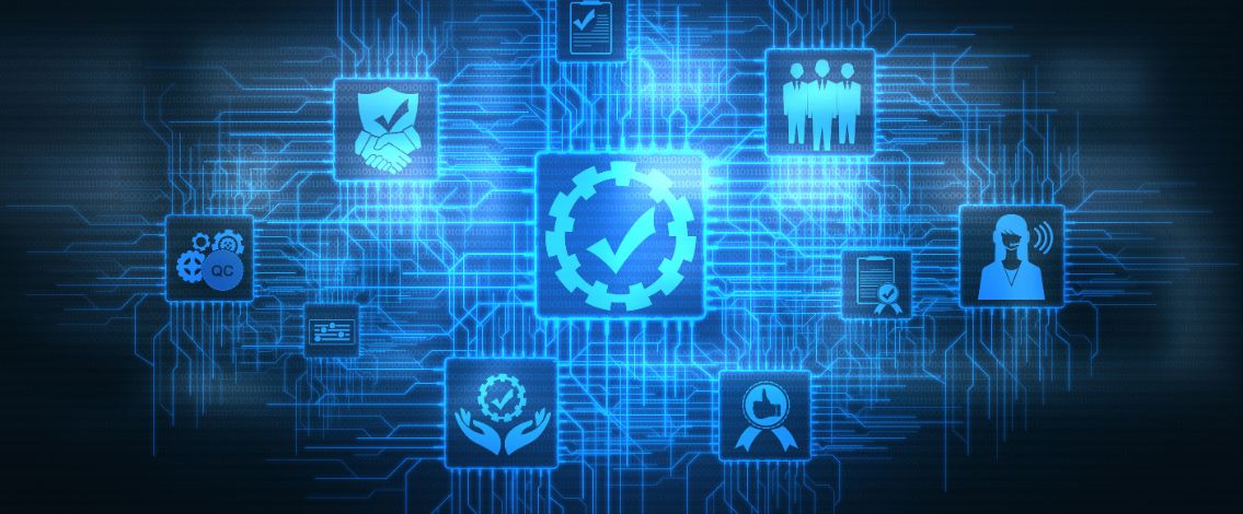 Interface digitale avec icônes de certification et qualité interconnectées sur fond bleu